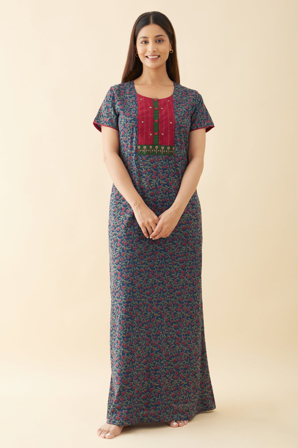 Block Printed Nighty & Contrast Yoke - Blue