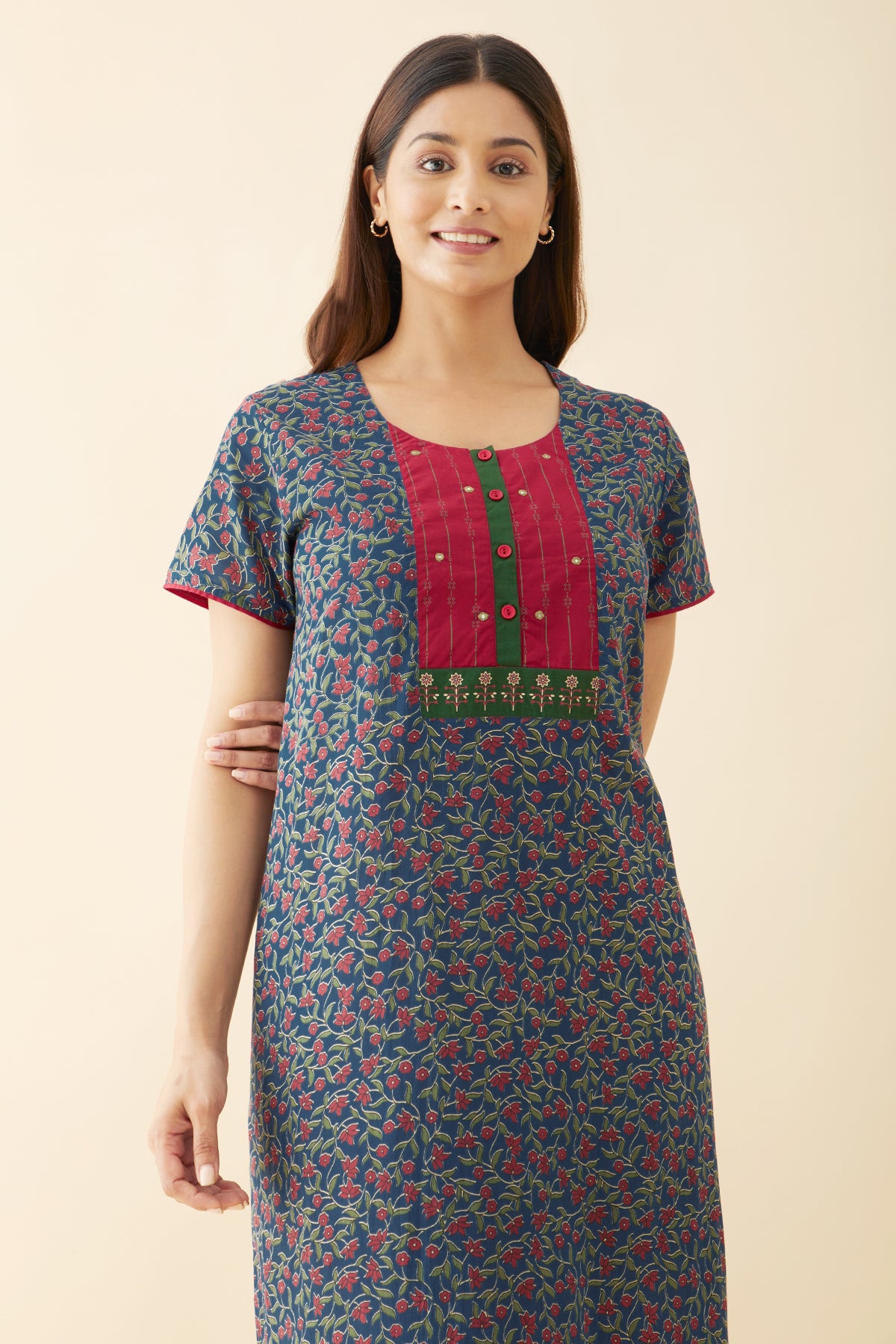 Block Printed Nighty & Contrast Yoke - Blue