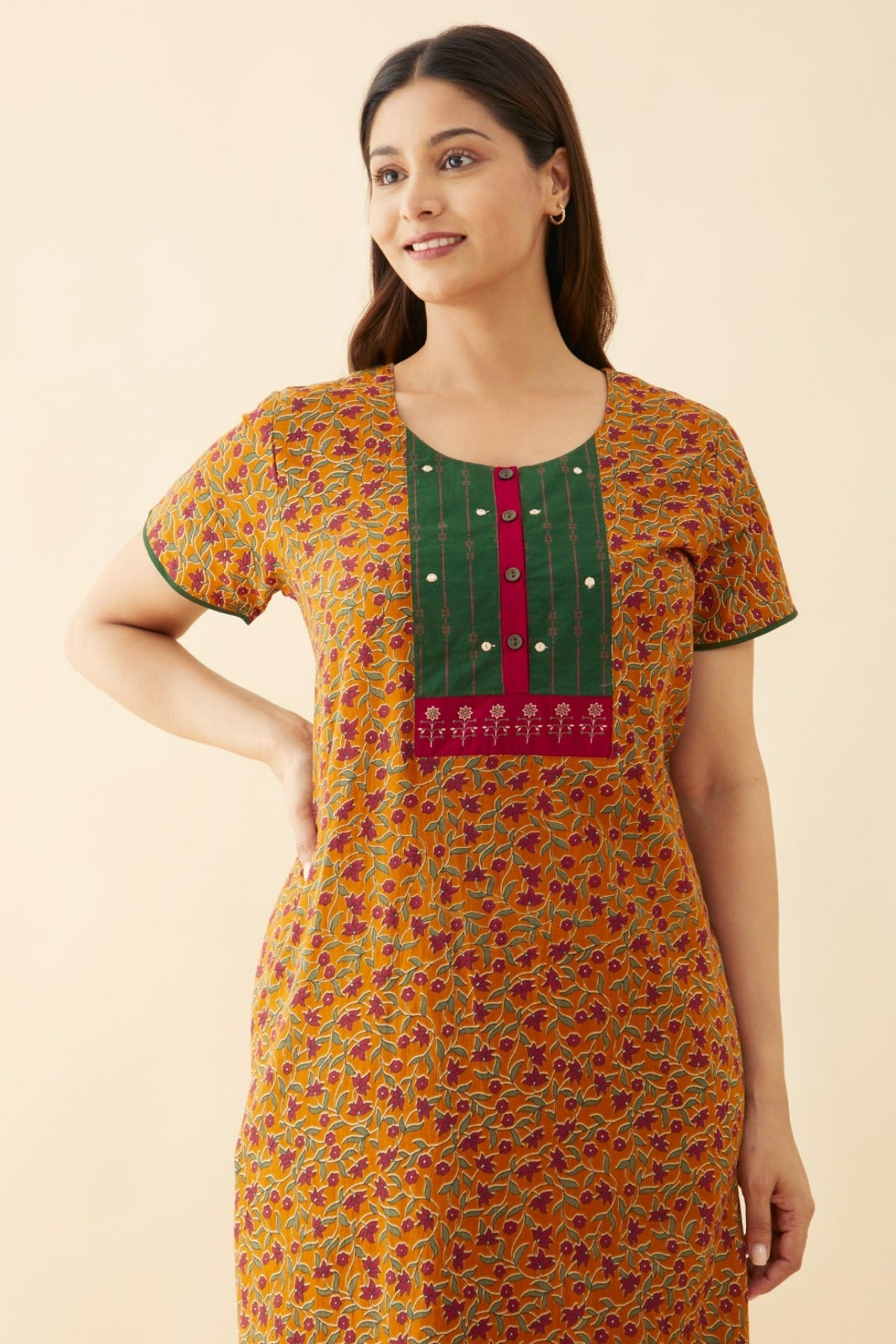 Block Printed Nighty & Contrast Yoke - Mustard