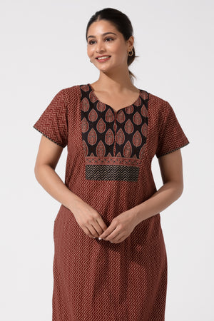Maroon Cotton Nighty with Ajrakh Print