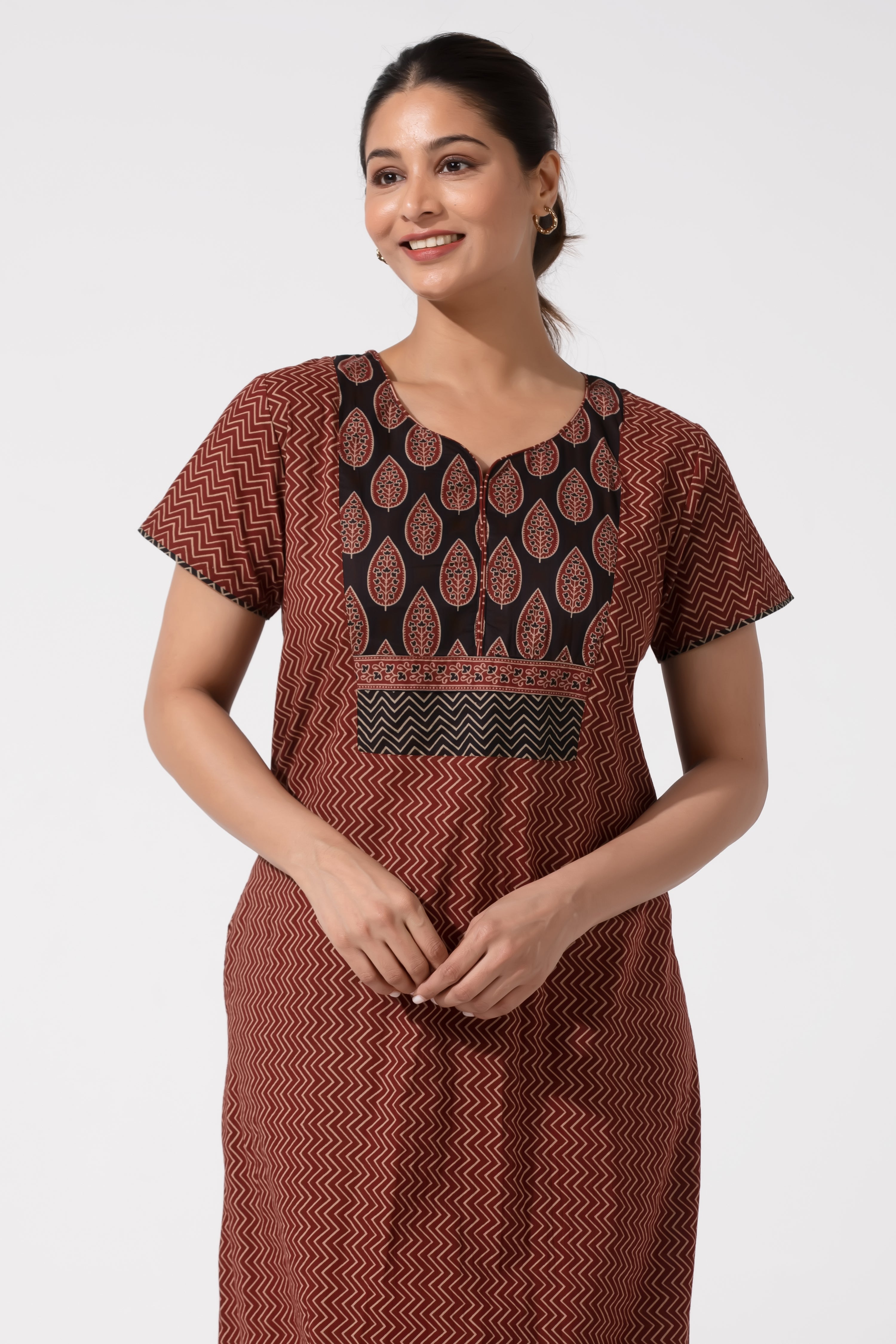 Maroon Cotton Nighty with Ajrakh Print