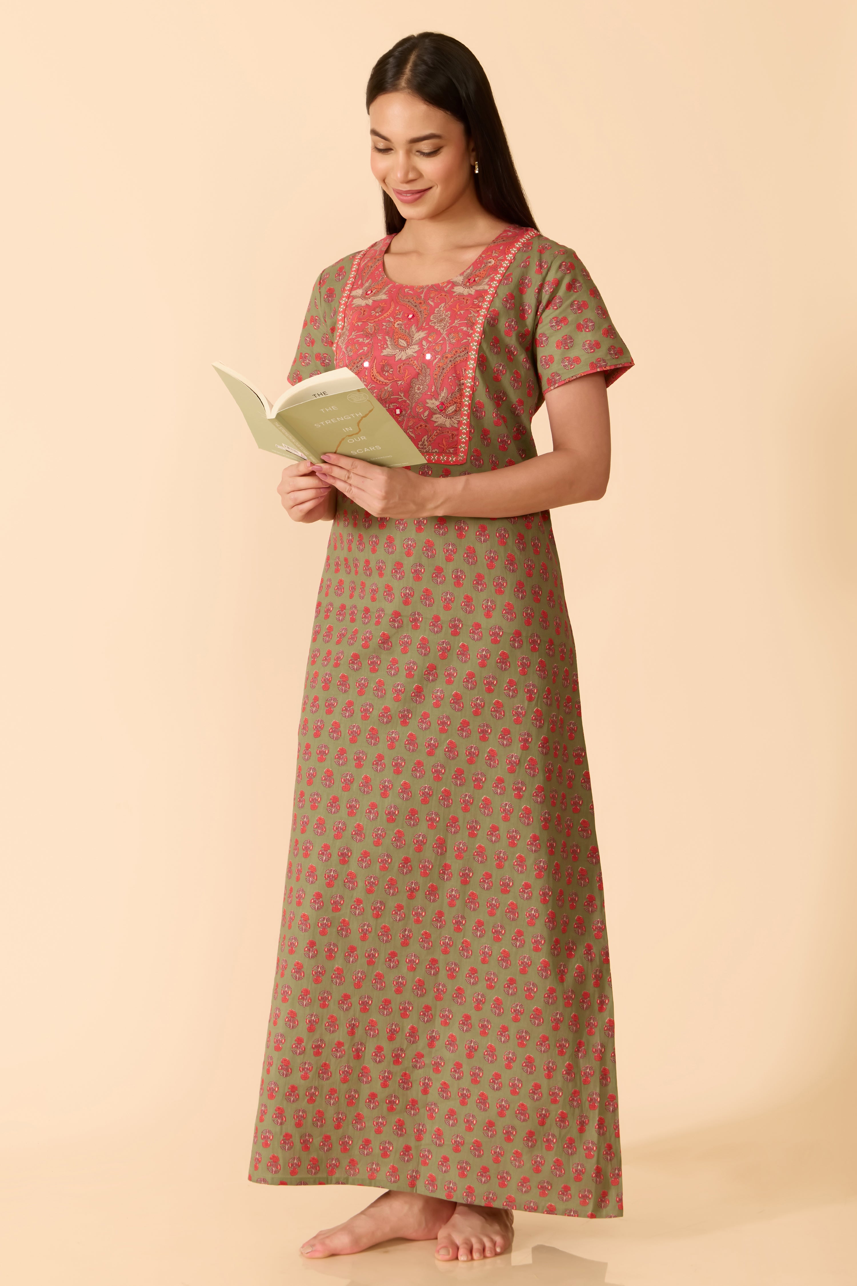 Grey Paisley Cotton Nightwear with Floral Yoke