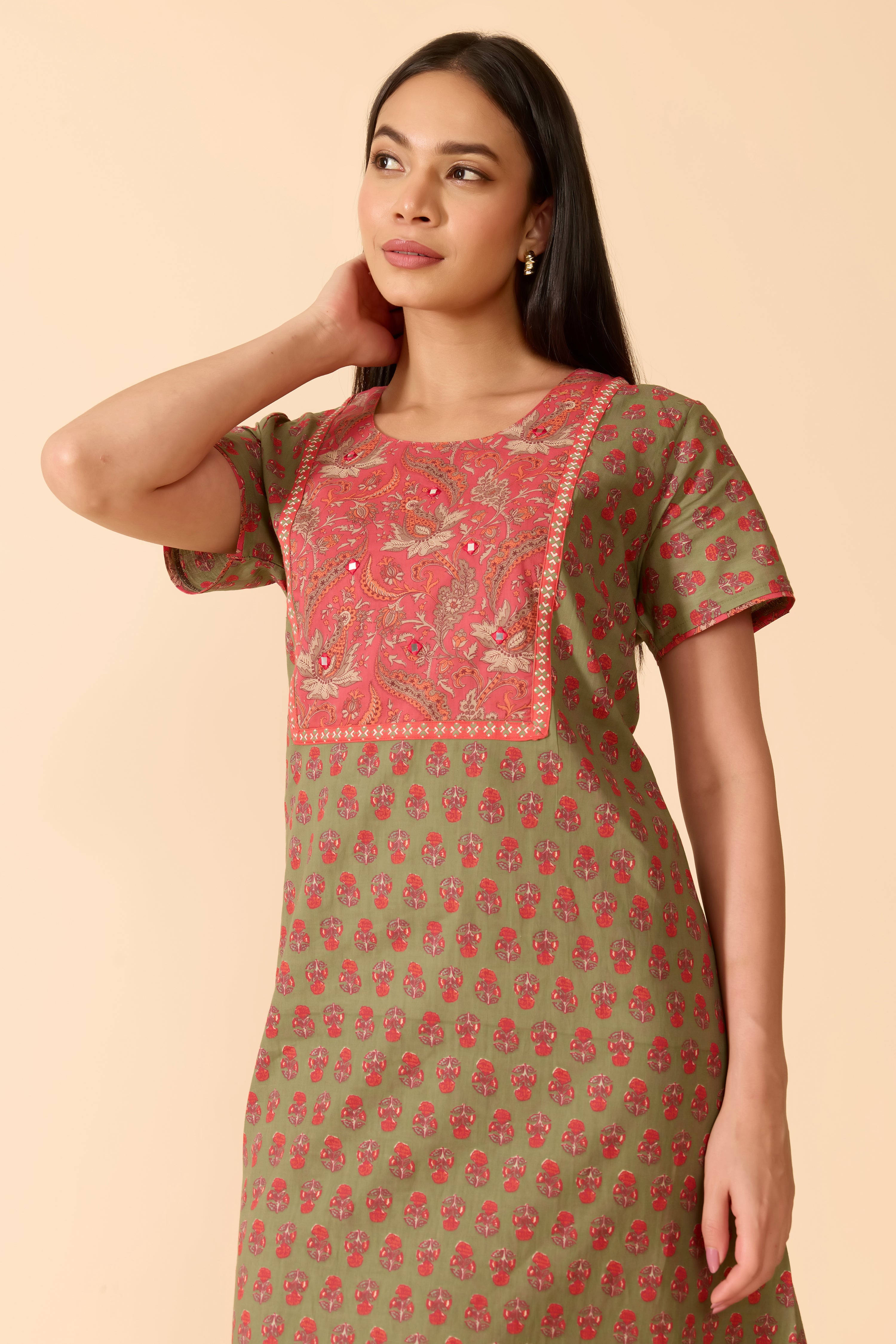 Grey Paisley Cotton Nightwear with Floral Yoke