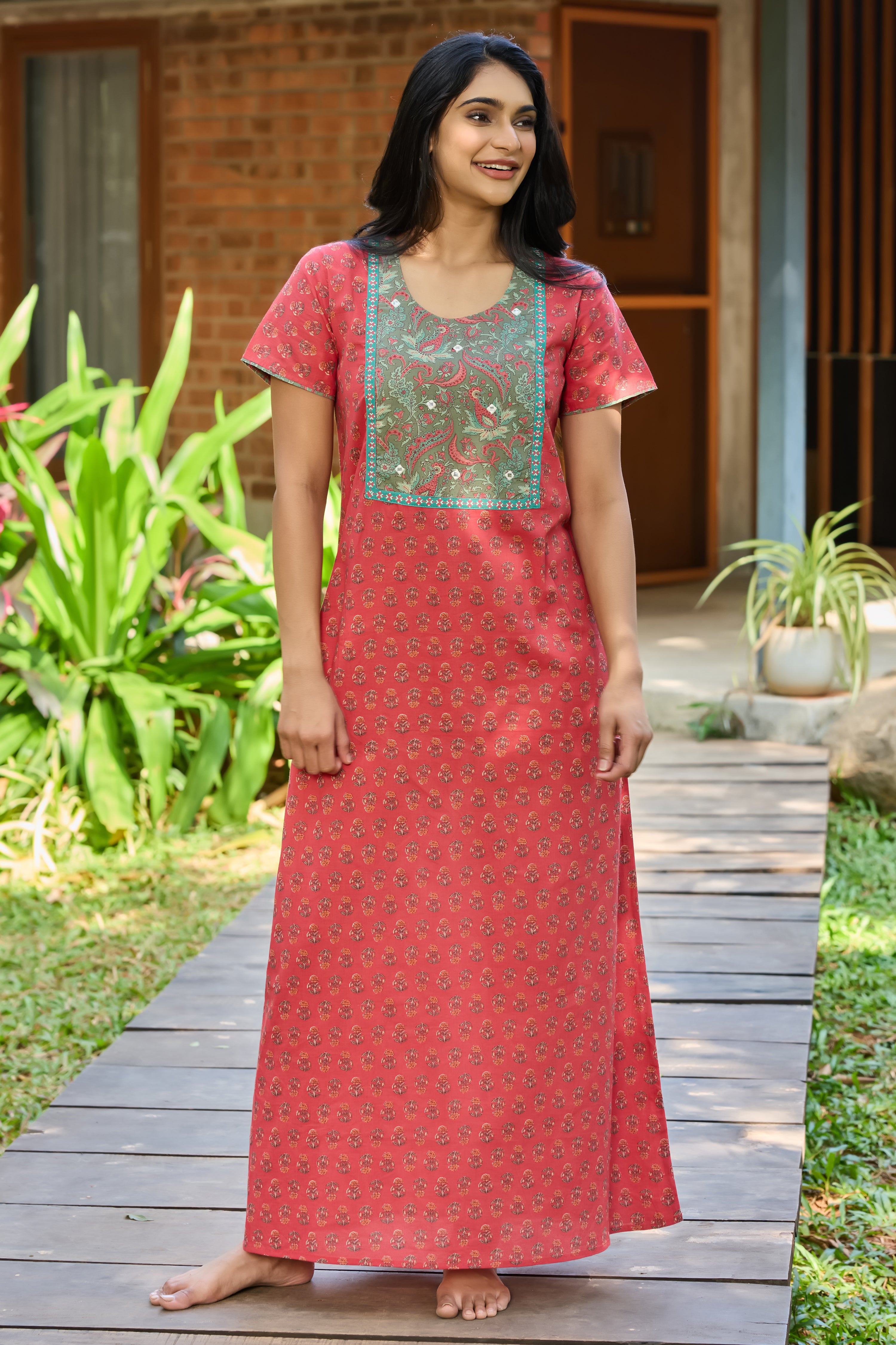 Rust Floral Cotton Nightwear with Paisley Yoke