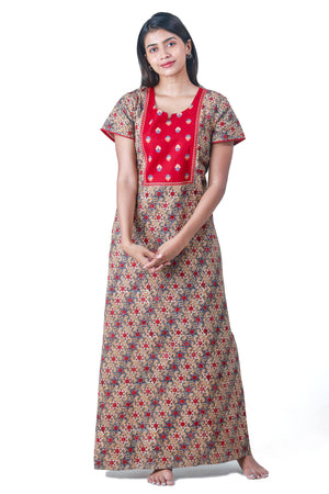 Kalamkari Printed Nighty with Contrast Printed Yoke Red
