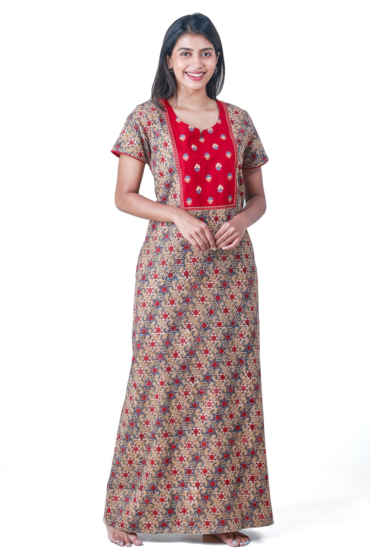 Kalamkari Printed Nighty with Contrast Printed Yoke Red
