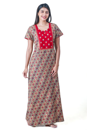 Kalamkari Printed Nighty with Contrast Printed Yoke Red
