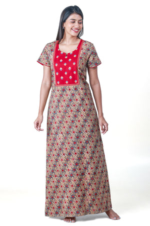 Kalamkari Printed Nighty with Contrast Printed Yoke Red
