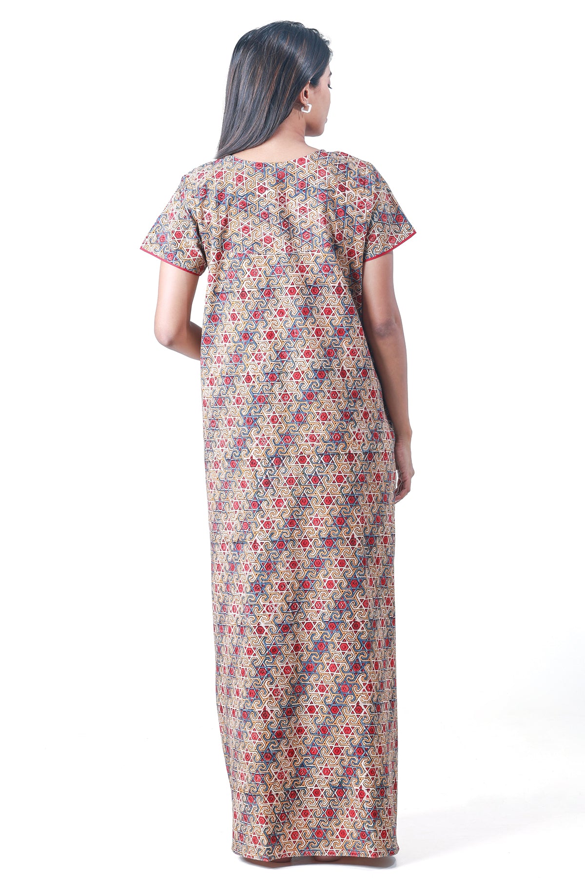 Kalamkari Printed Nighty with Contrast Printed Yoke Red
