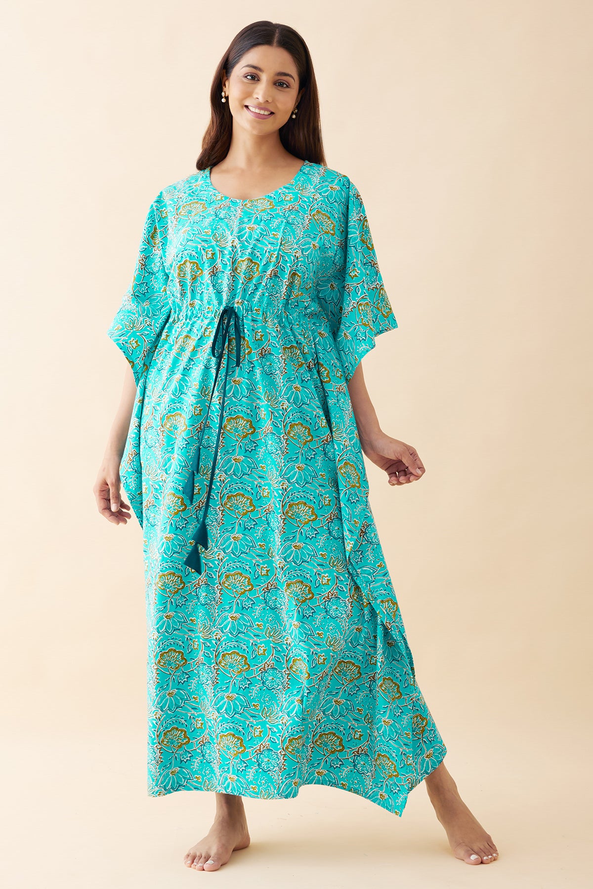 Monochrome Floral Printed Kaftan - Blue