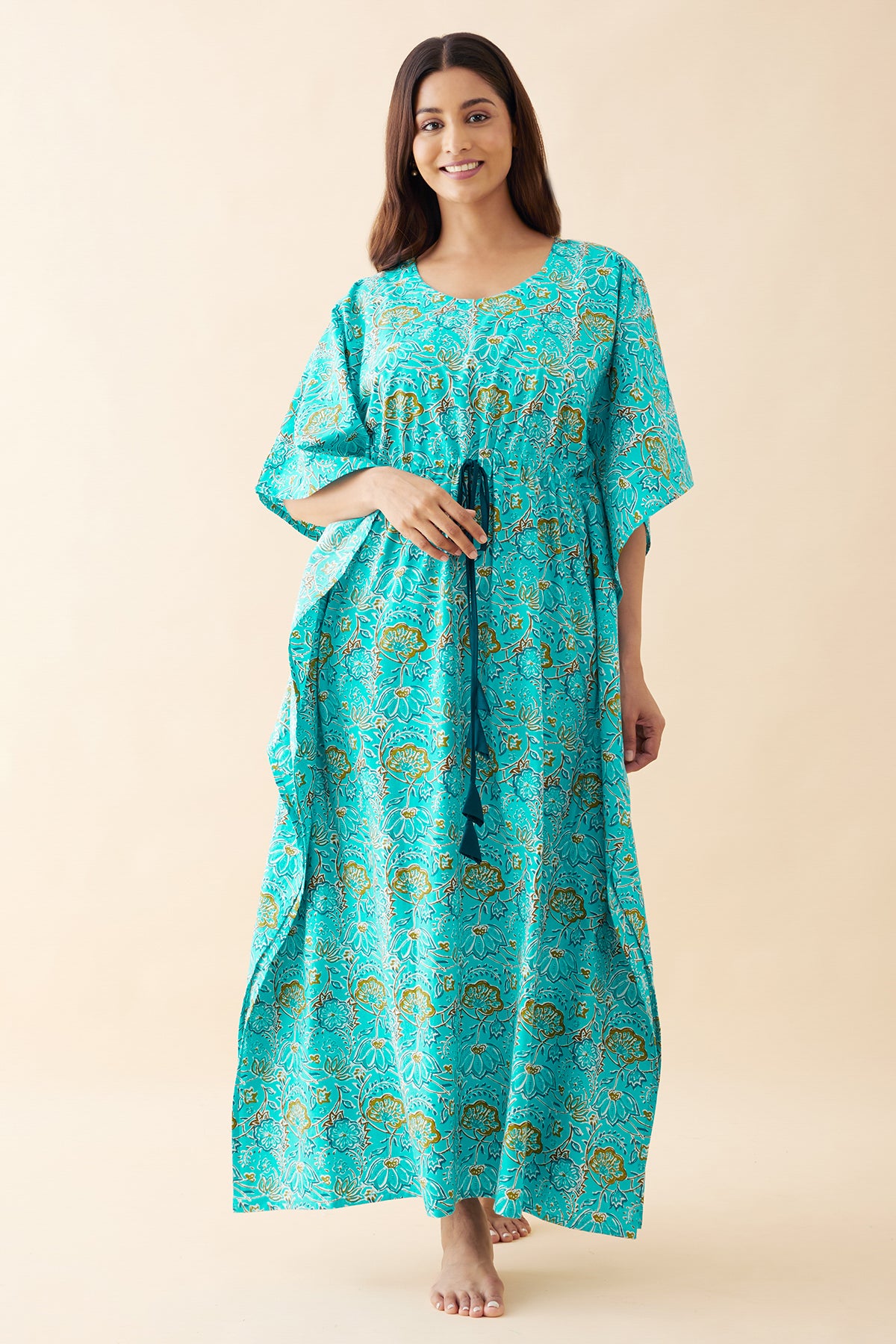 Monochrome Floral Printed Kaftan - Blue