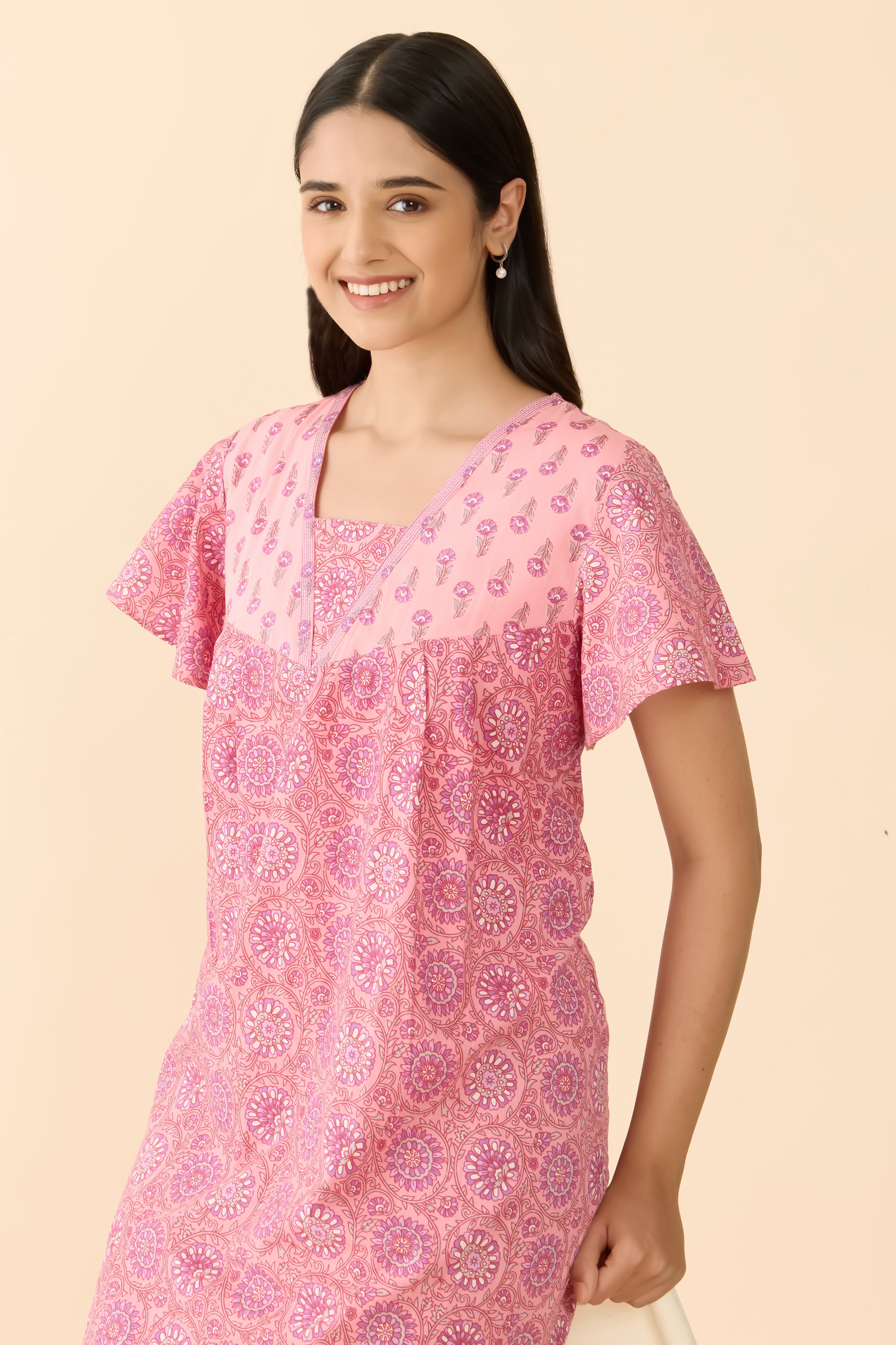 Pink Floral Printed Cotton Nightwear
