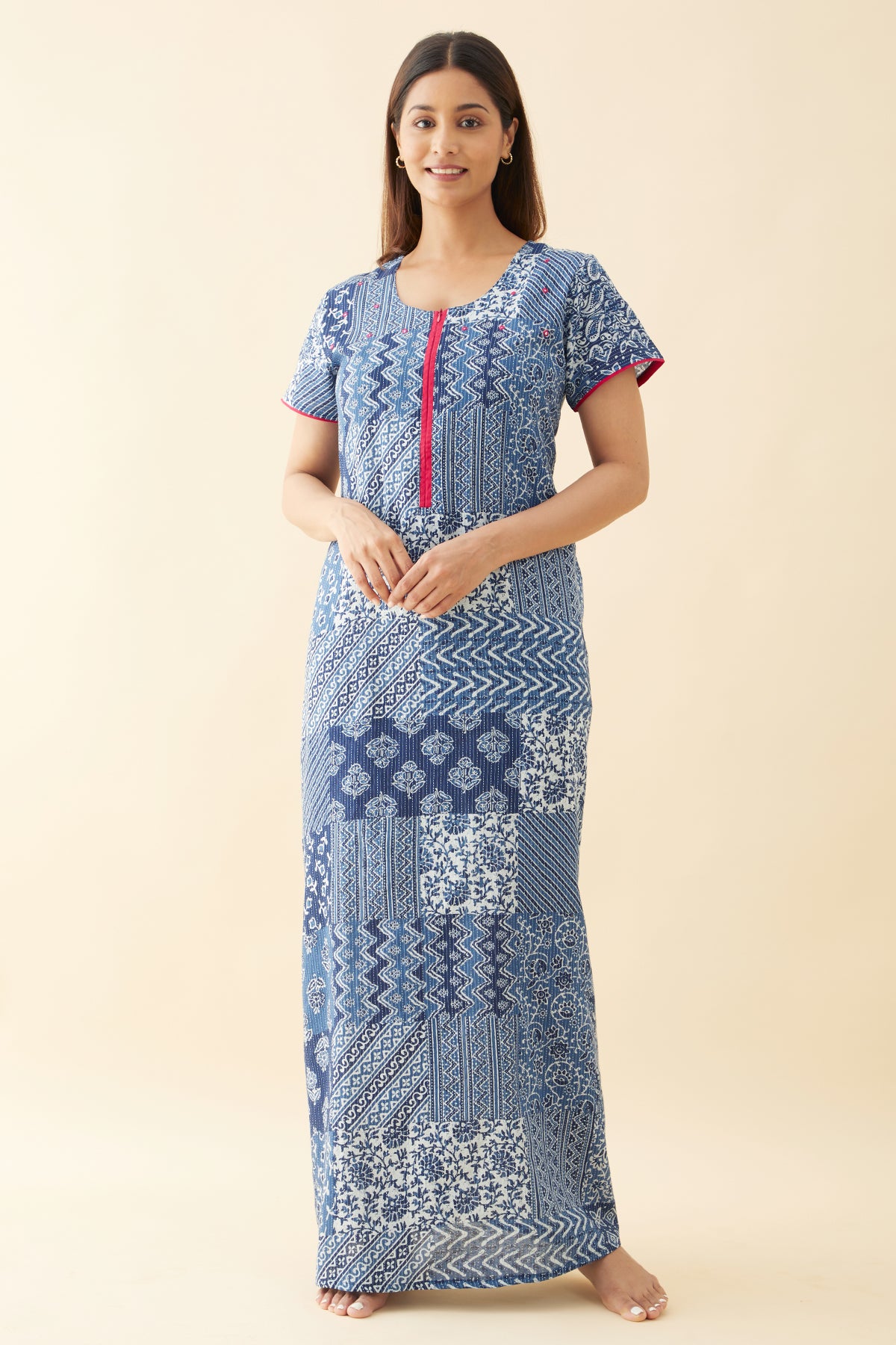 Ethnic Scarlet Tile Printed Nighty - Blue
