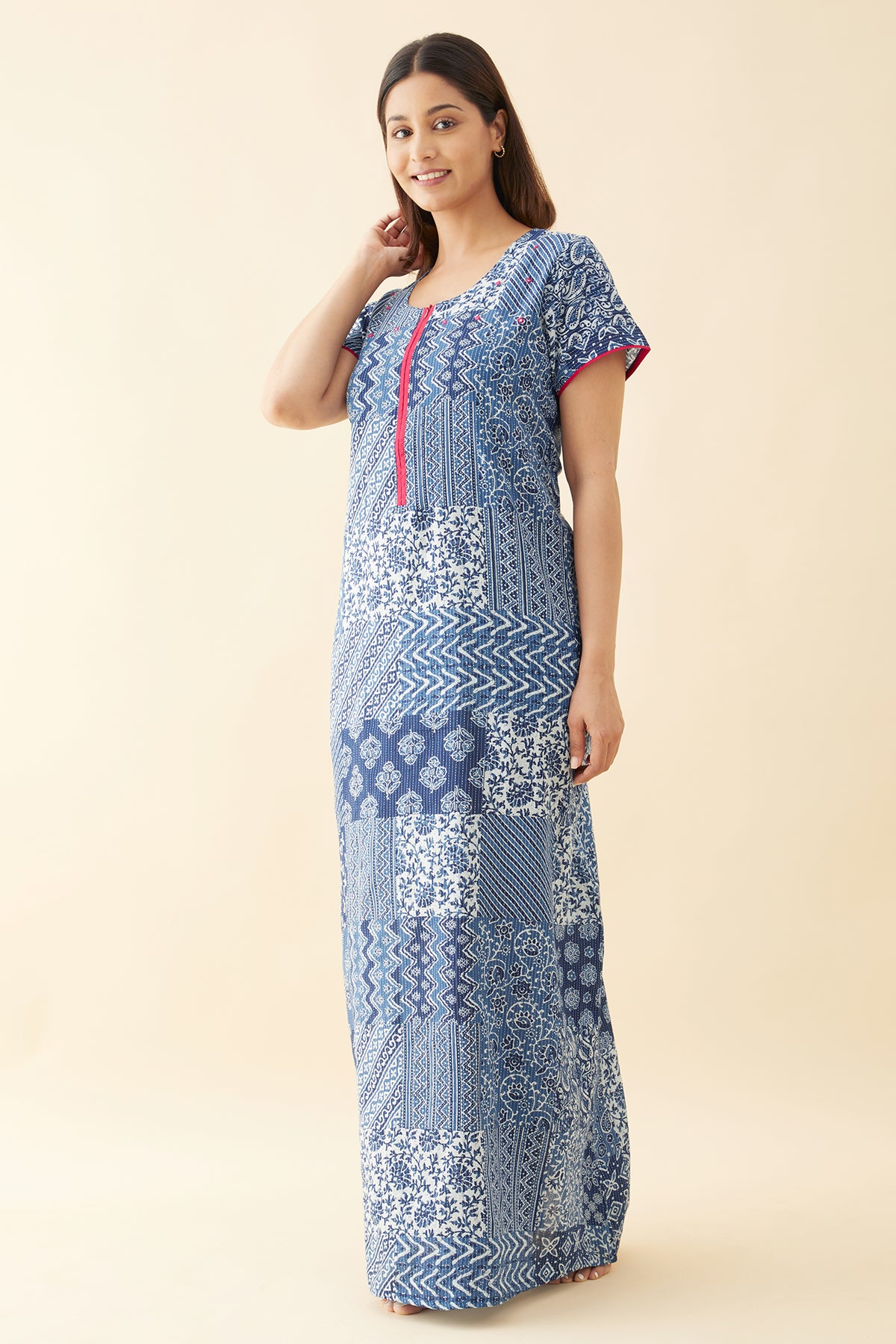 Ethnic Scarlet Tile Printed Nighty - Blue
