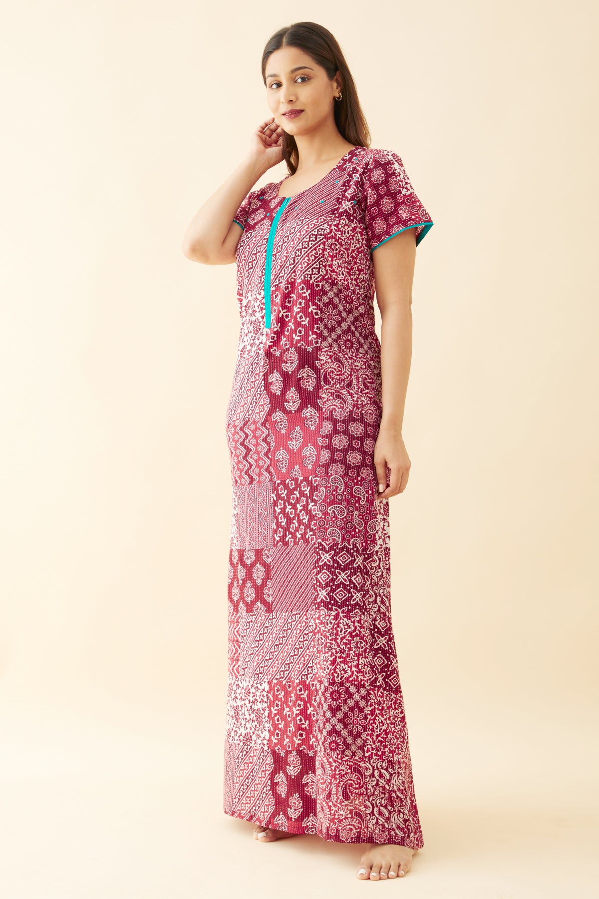 Ethnic Scarlet Tile Printed Nighty - Maroon