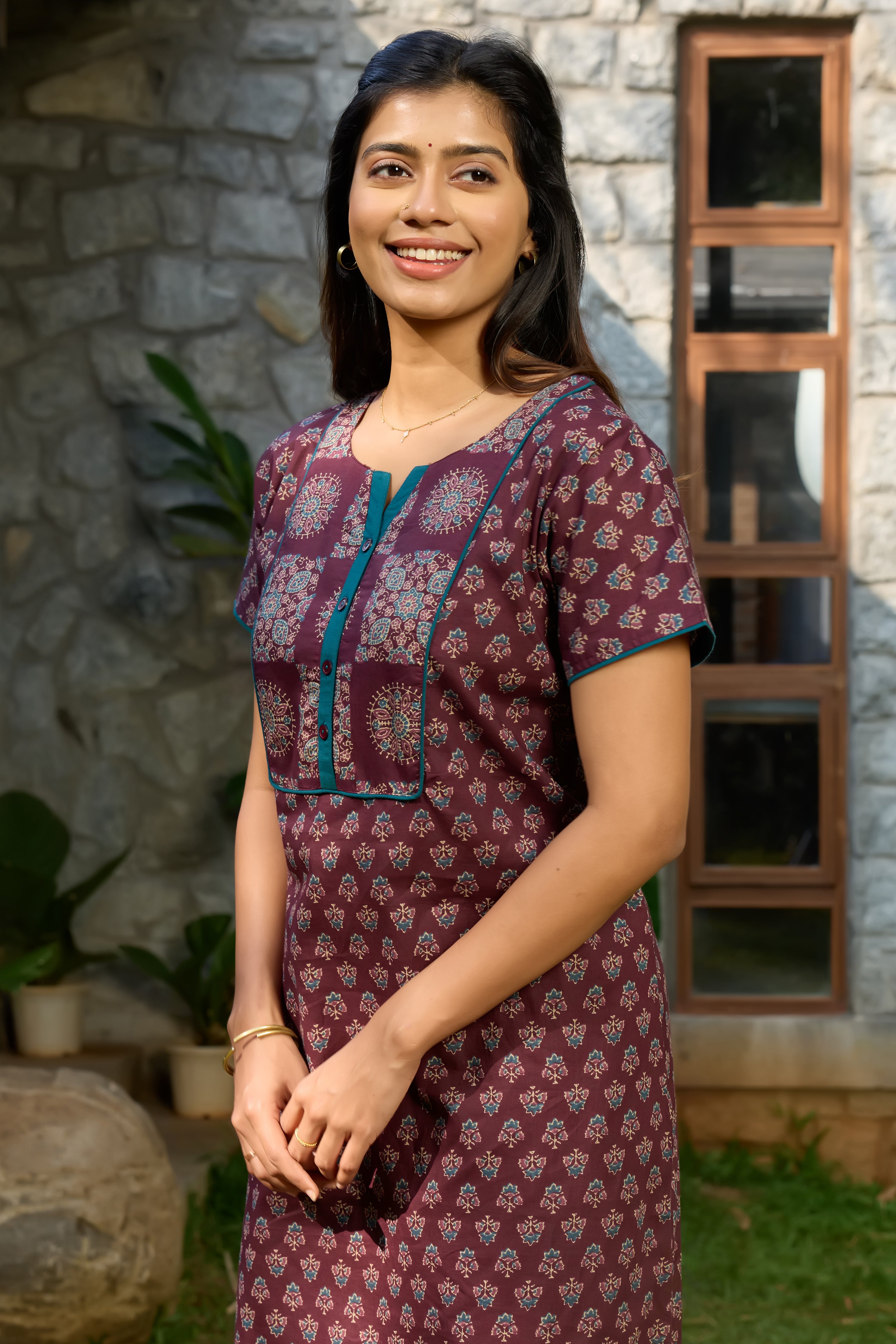 Mandala Printed Brown & Teal Cotton Nighty