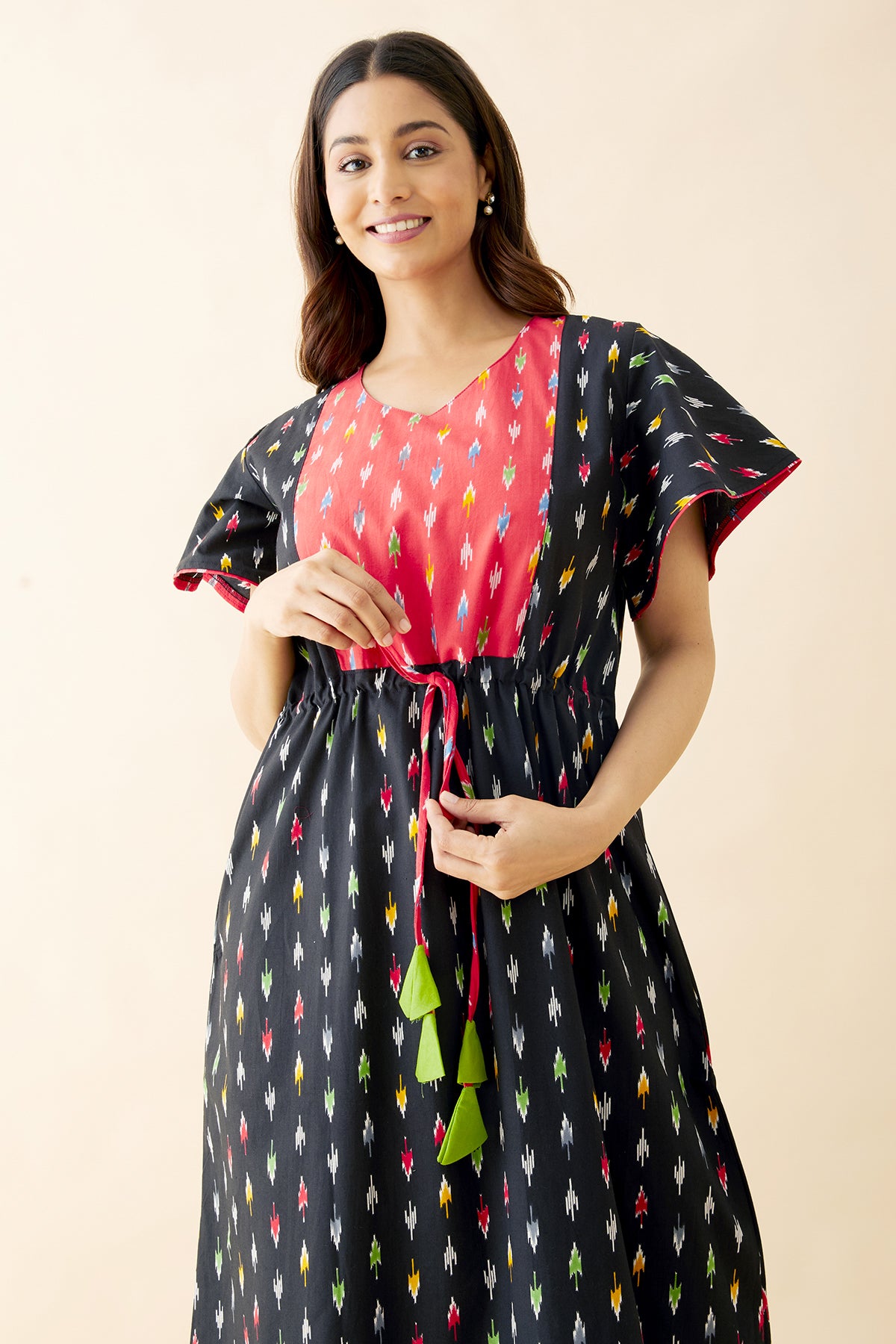 Abstract Printed Nighty with Tie-up - Black