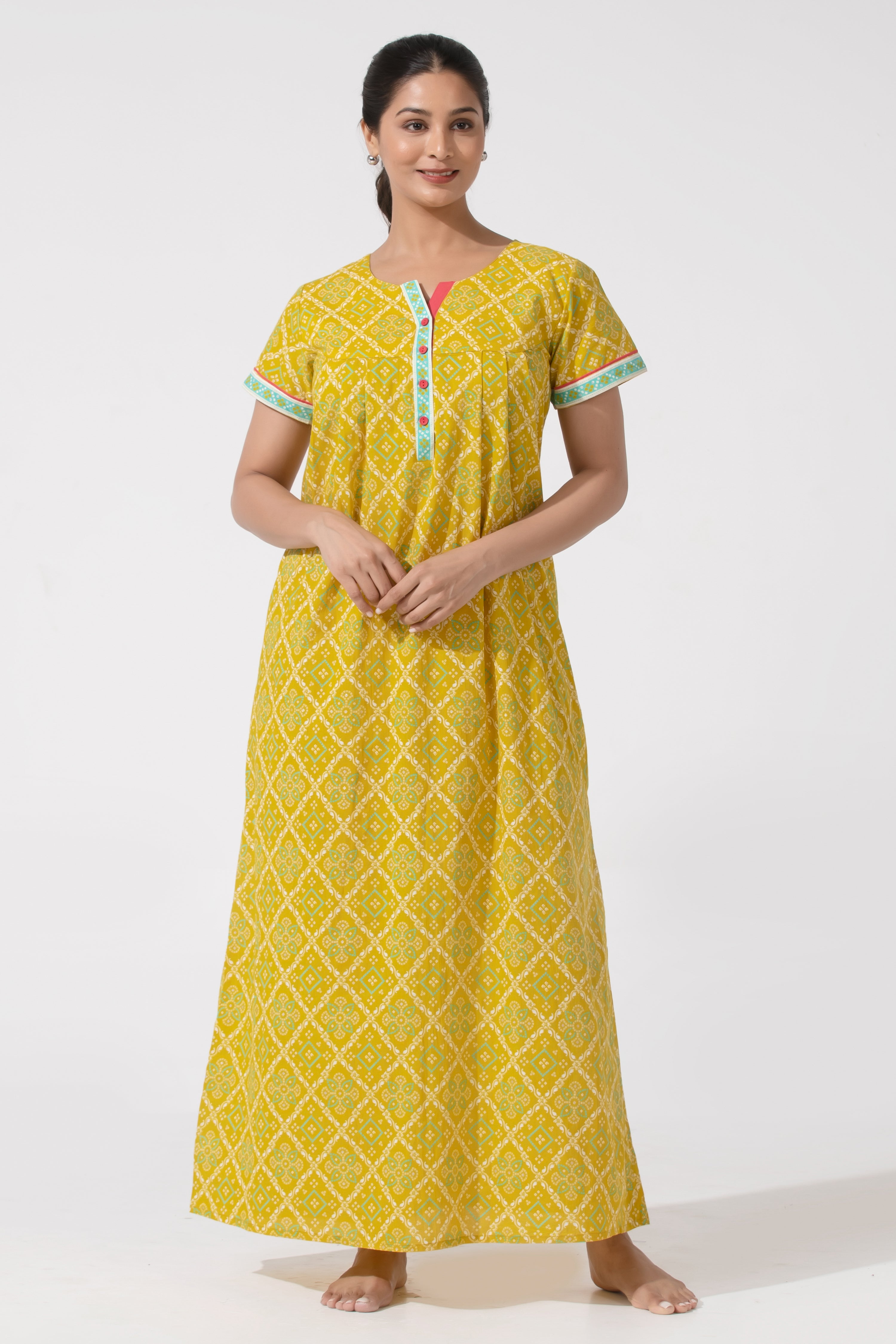 Mustard Bandhej Cotton Nightwear with Functional Button 