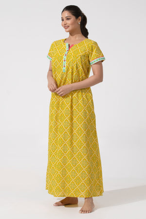 Mustard Bandhej Cotton Nightwear with Functional Button 