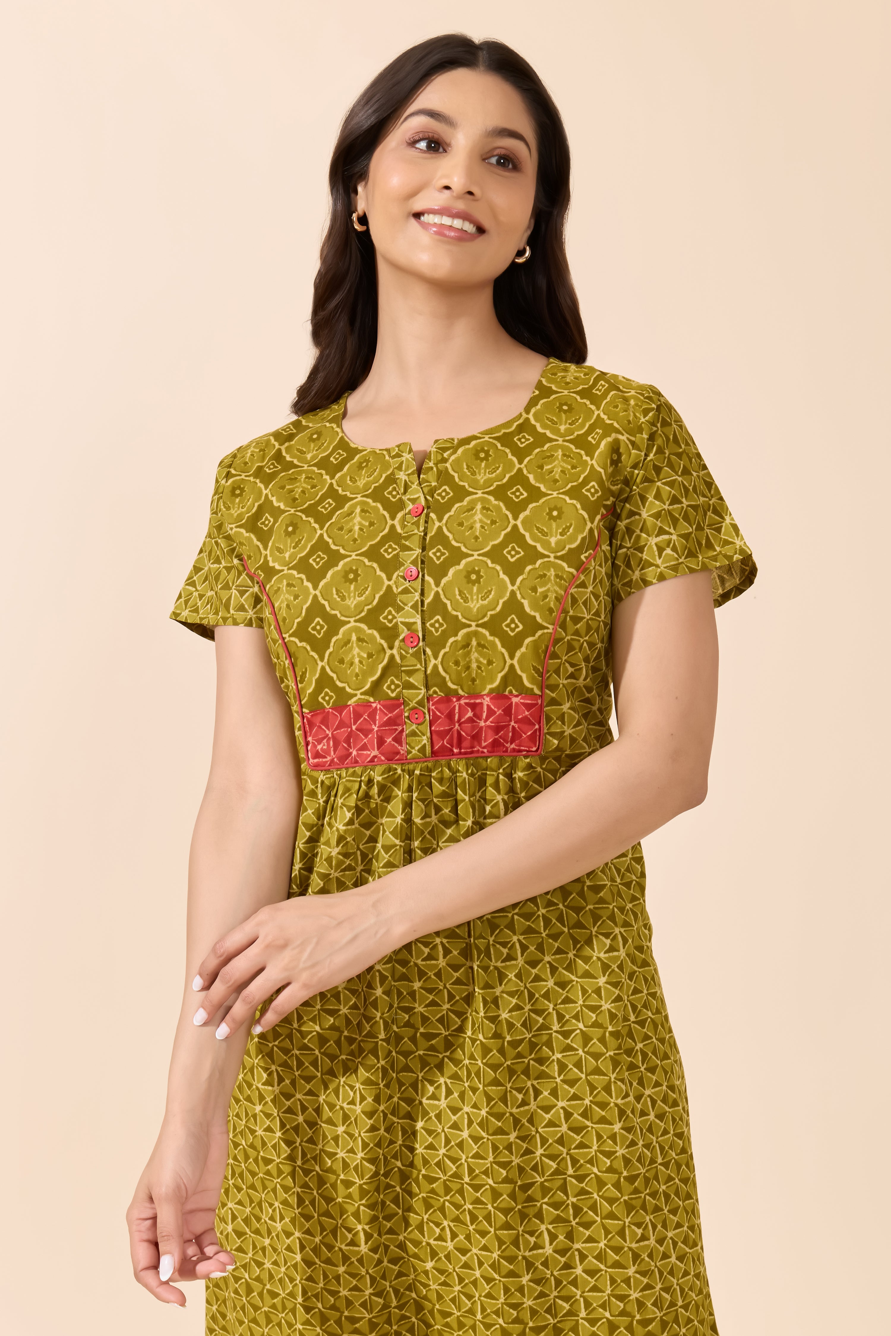 GREEN GEOMETRIC COTTON NIGHTWEAR WITH FLORAL YOKE