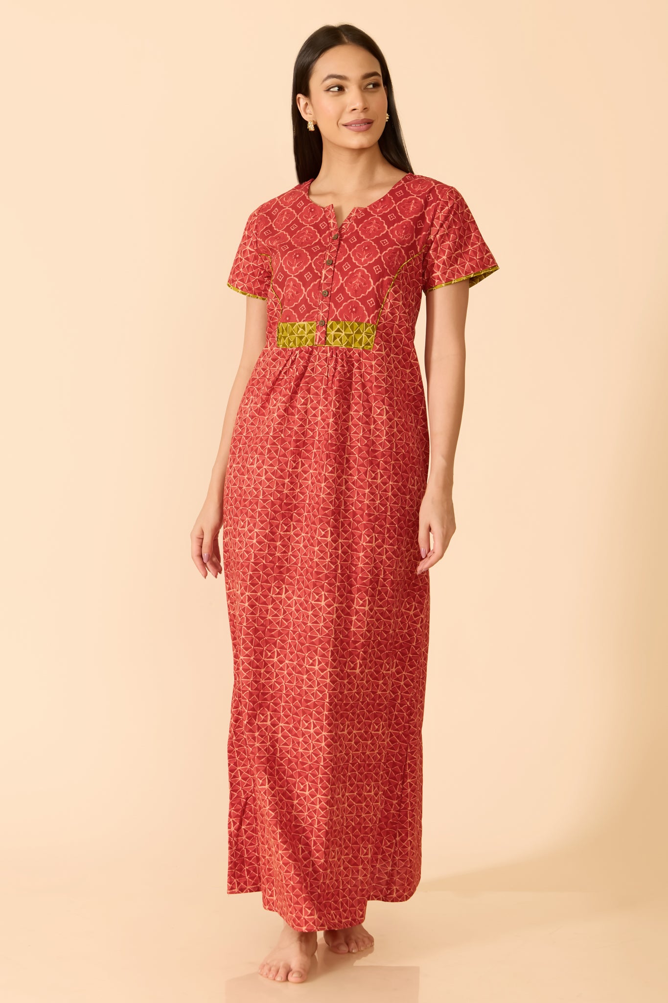 RED GEOMETRIC COTTON NIGHTWEAR WITH FLORAL YOKE