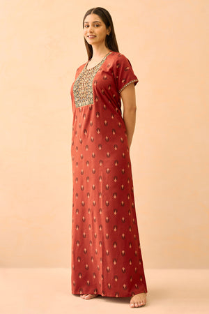 Floral Printed & Embroidered Nighty - Rust