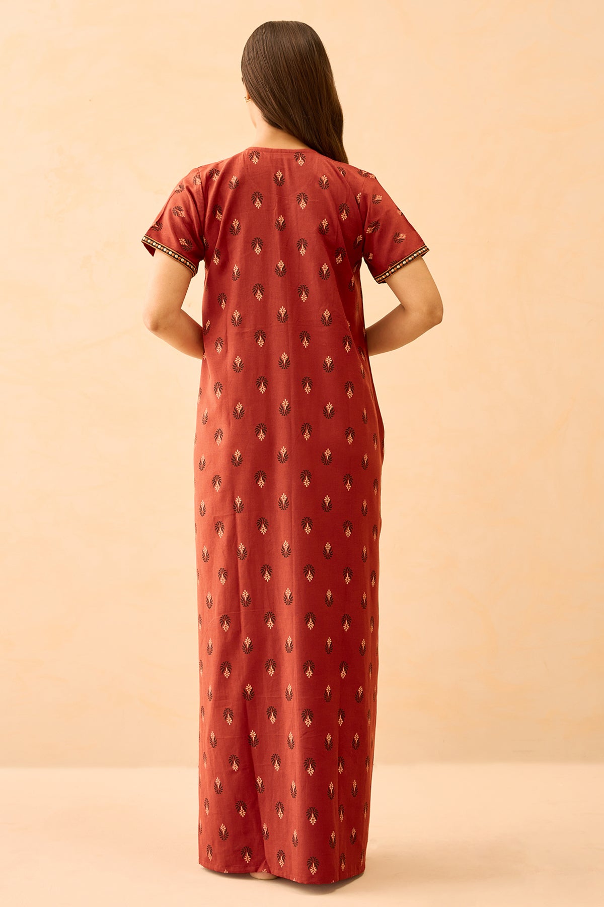 Floral Printed & Embroidered Nighty - Rust