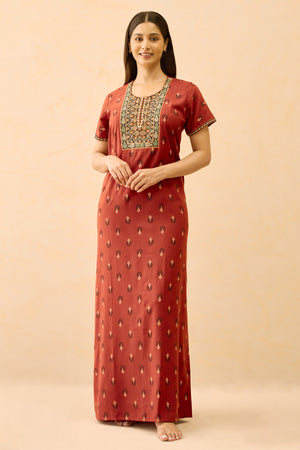 Floral Printed & Embroidered Nighty - Rust