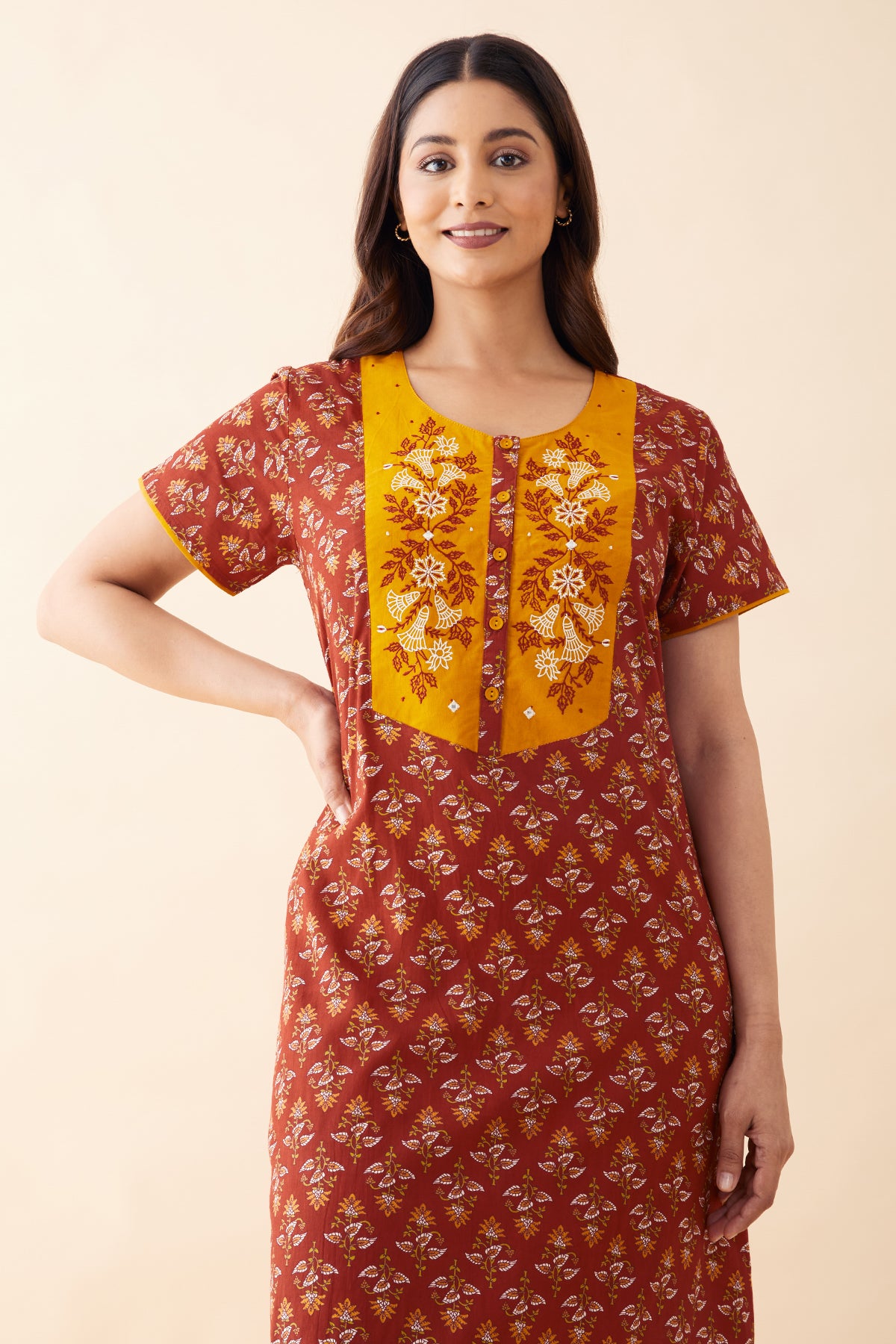 Floral Printed & Embroidered Nighty - Mustard
