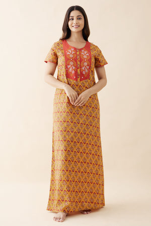 Floral Printed & Embroidered Nighty - Mustard
