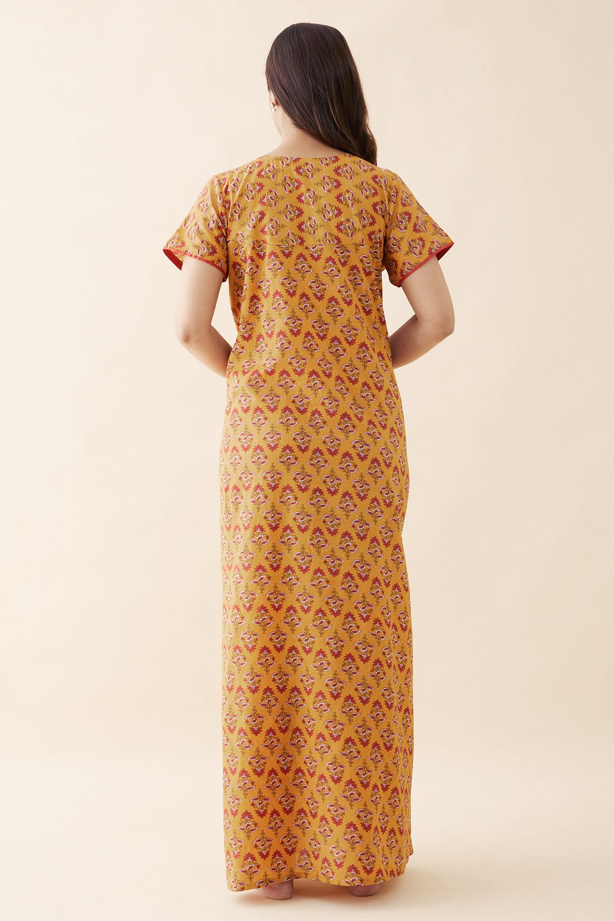 Floral Printed & Embroidered Nighty - Mustard
