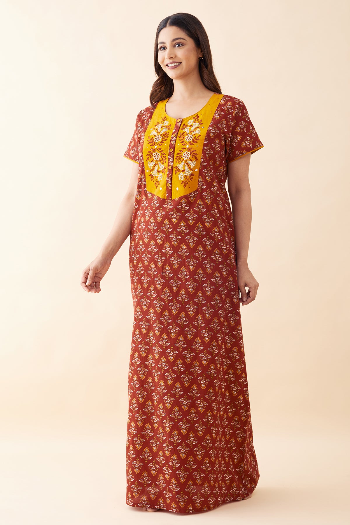 Floral Printed & Embroidered Nighty - Mustard
