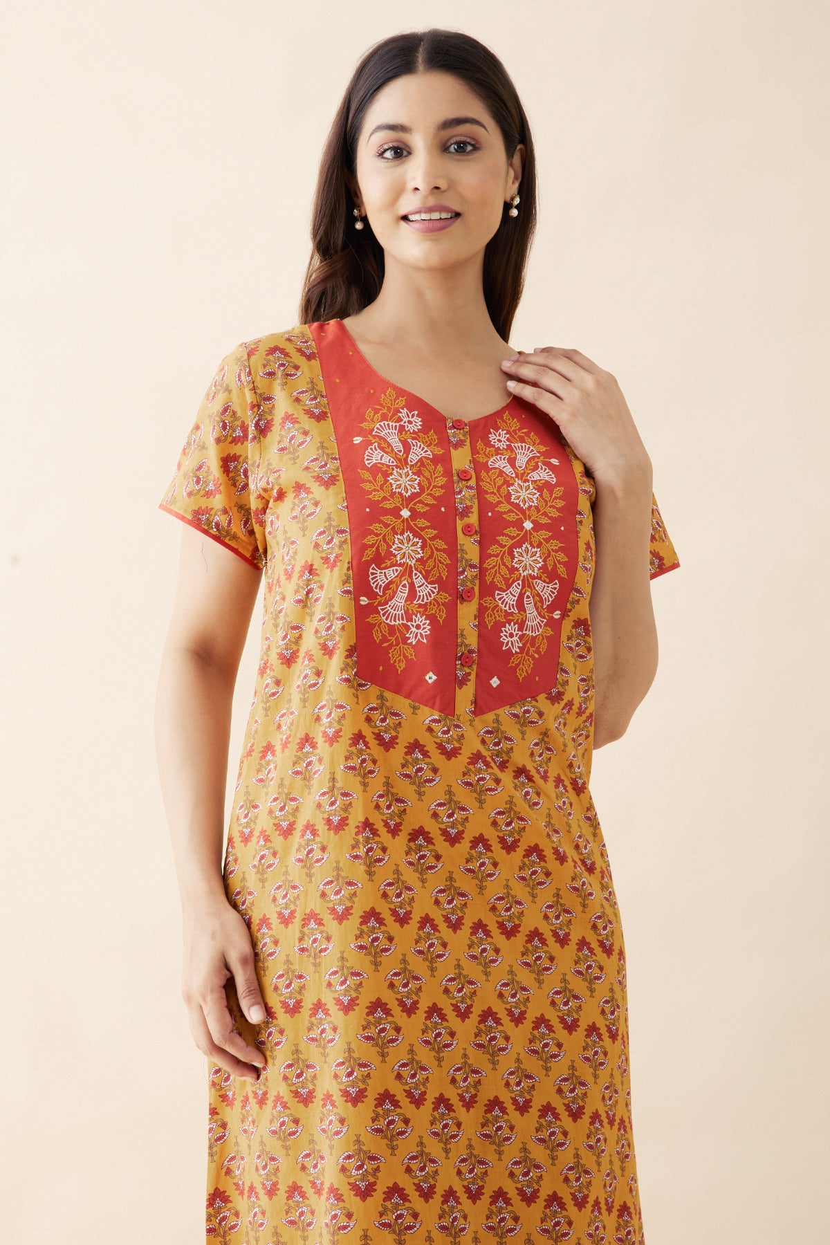 Floral Printed & Embroidered Nighty - Mustard
