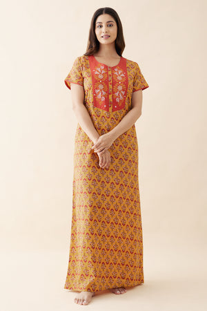 Floral Printed & Embroidered Nighty - Mustard
