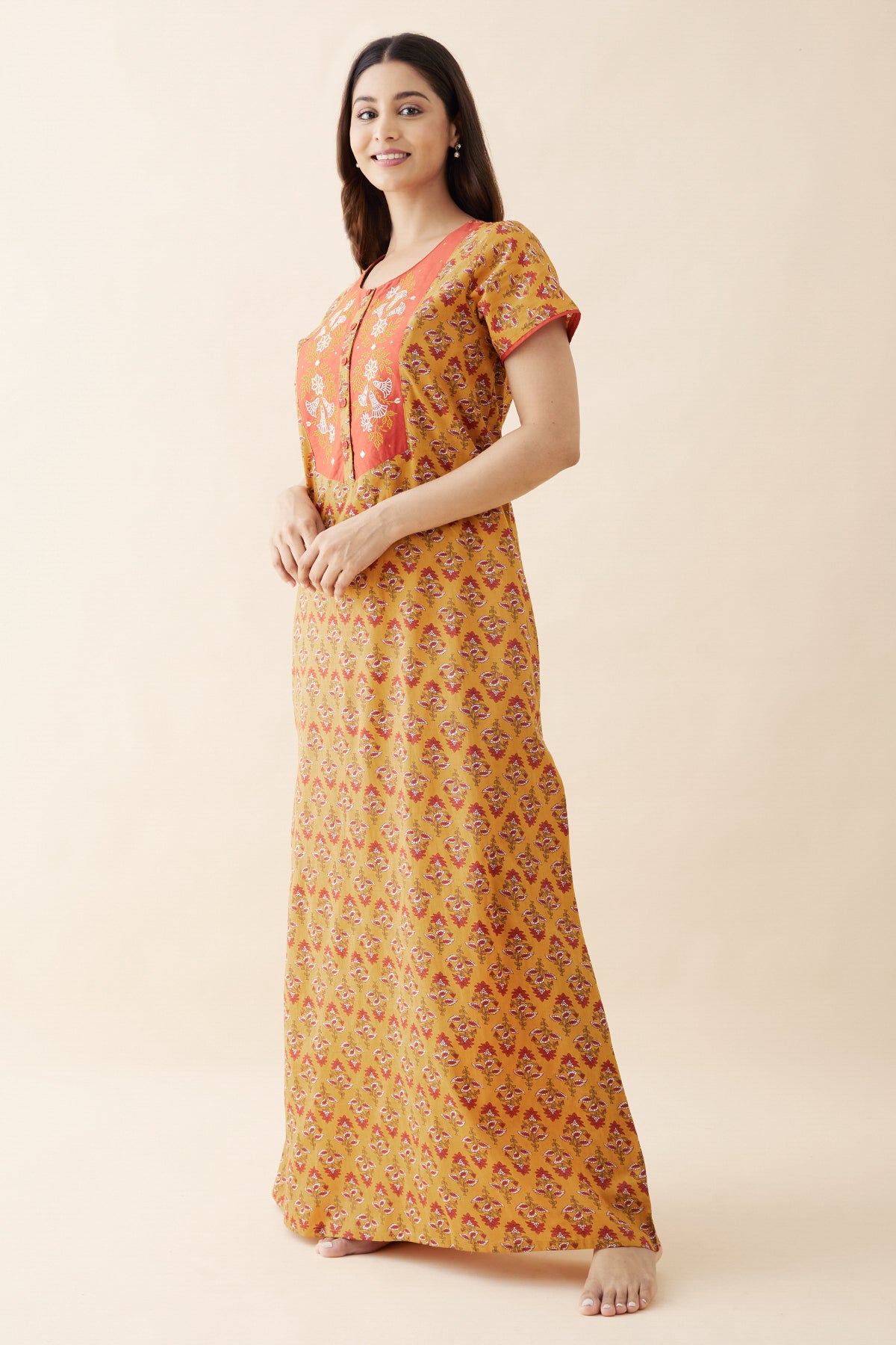 Floral Printed & Embroidered Nighty - Mustard
