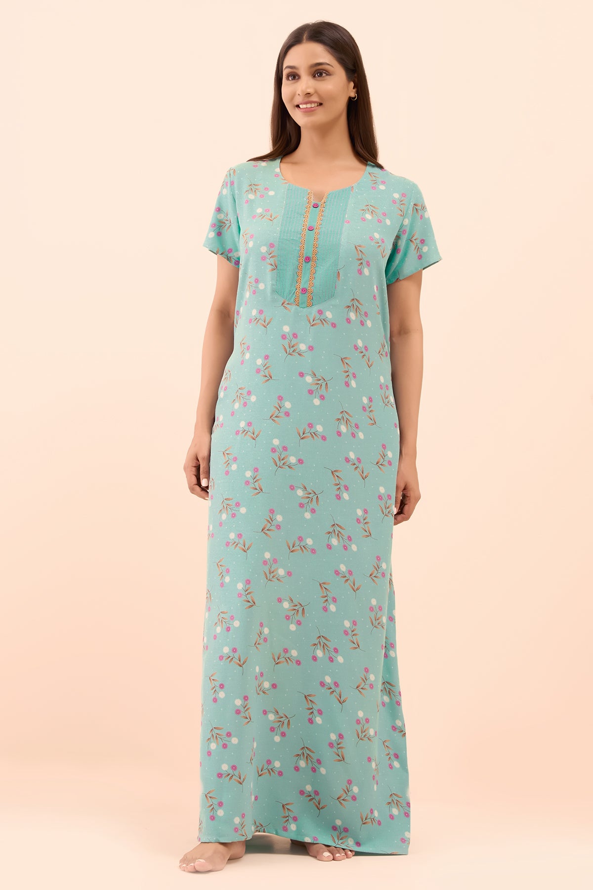 Floral Printed & Lace Embellished Nighty - Blue