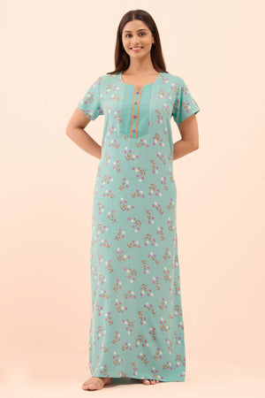 Floral Printed & Lace Embellished Nighty - Blue