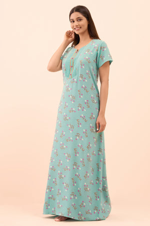 Floral Printed & Lace Embellished Nighty - Blue