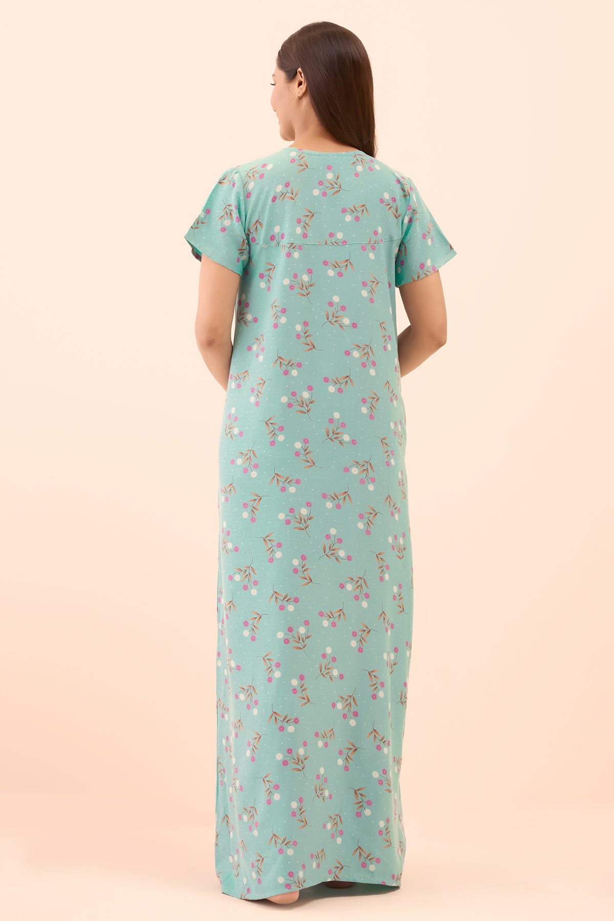 Floral Printed & Lace Embellished Nighty - Blue