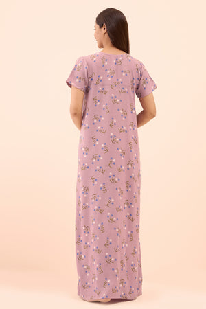 Floral Printed & Lace Embellished Nighty - Mauve