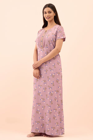 Floral Printed & Lace Embellished Nighty - Mauve