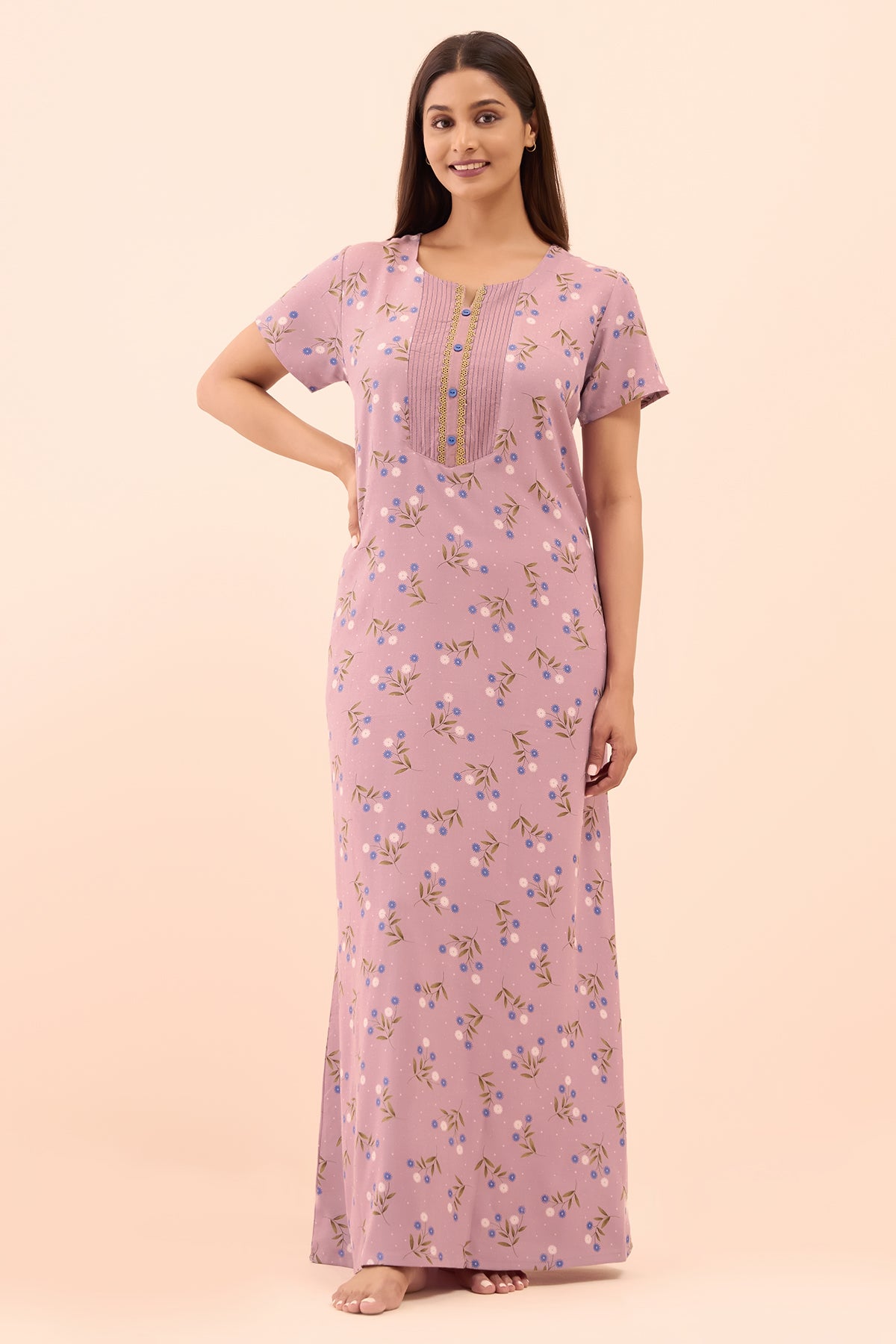 Floral Printed & Lace Embellished Nighty - Mauve