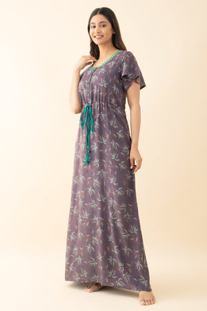 Abstract Floral Printed Nighty with Waist Tie-up -  Purple