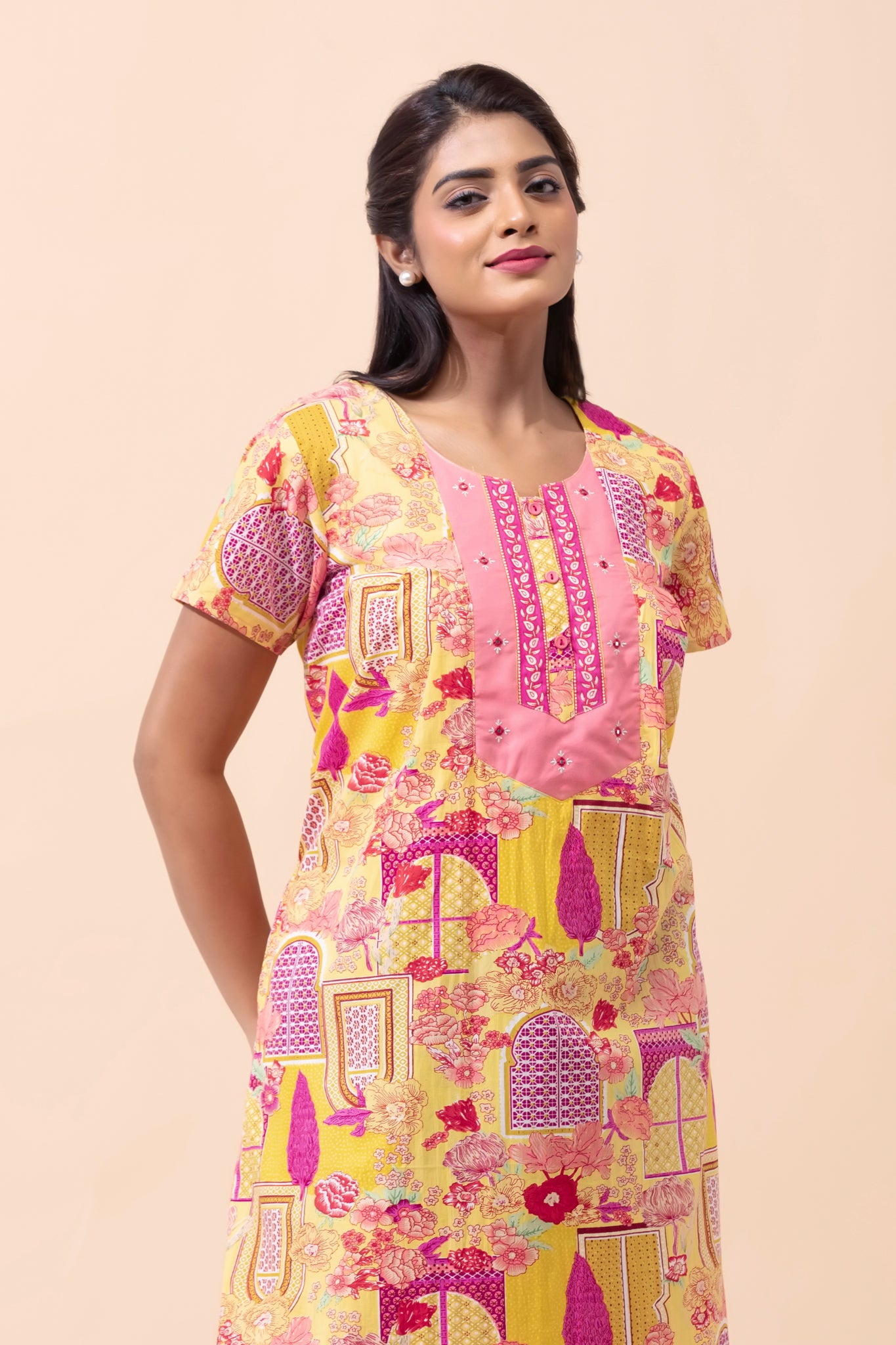 Yellow Jharokha Floral Cotton Nightwear