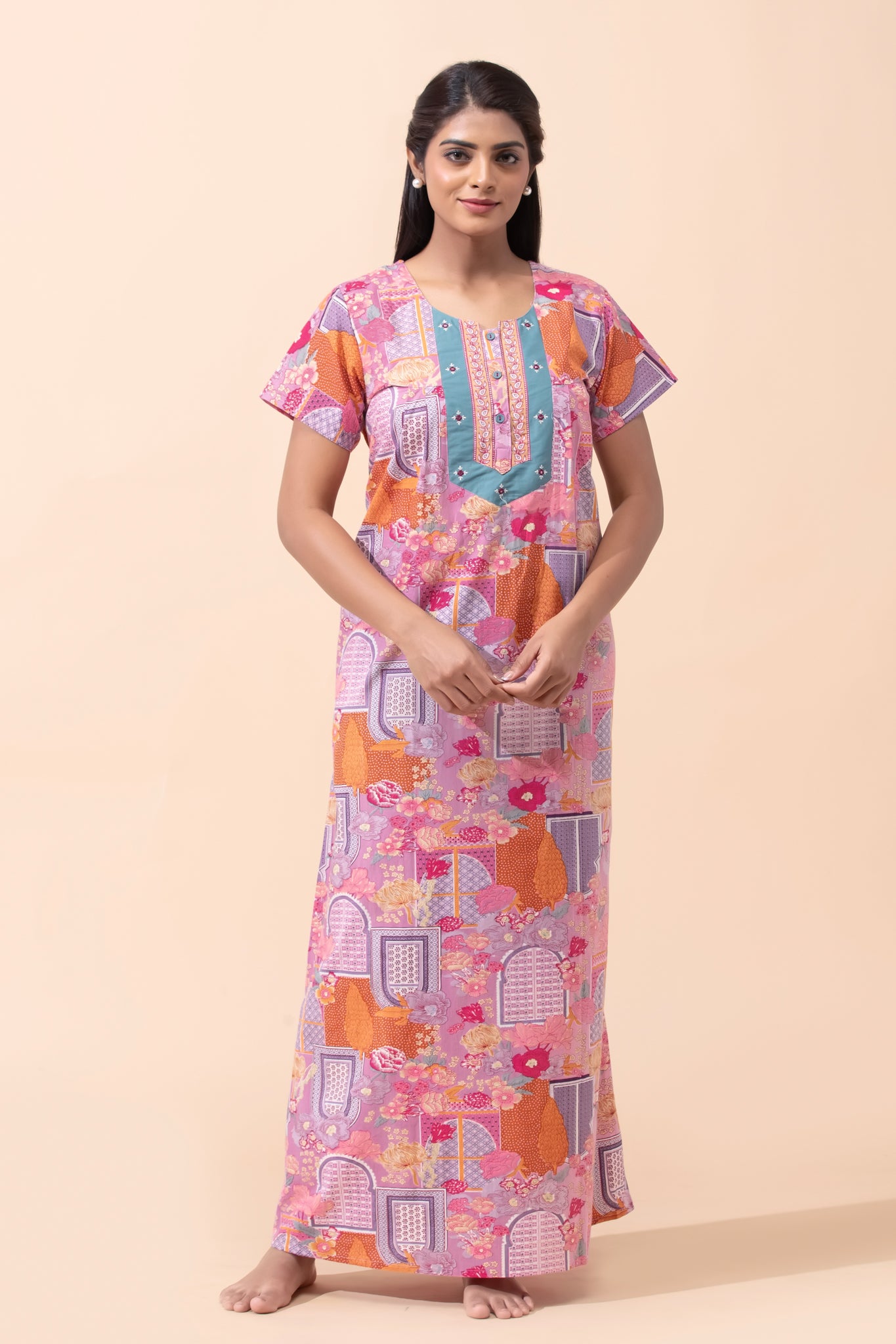 Pink Jharokha Floral Cotton Nightwear