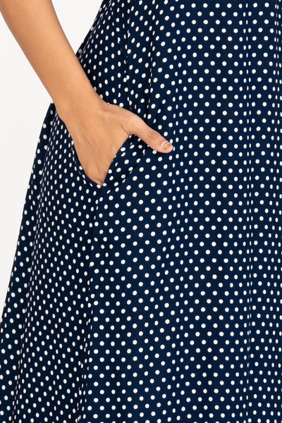 All Over Polka Dot Print With Contrast Floral Embroidered Yoke Nighty - Navy