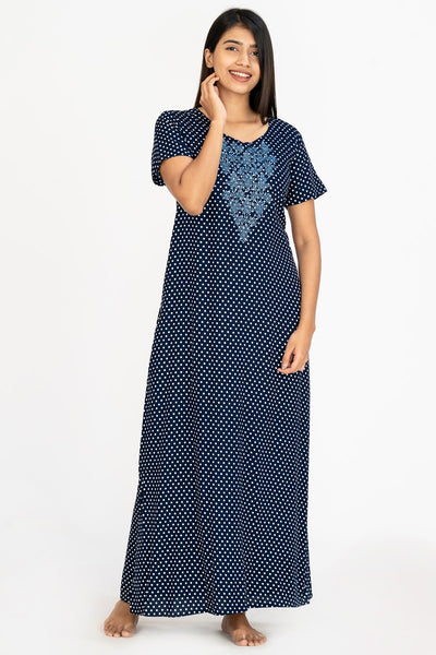 All Over Polka Dot Print With Contrast Floral Embroidered Yoke Nighty - Navy