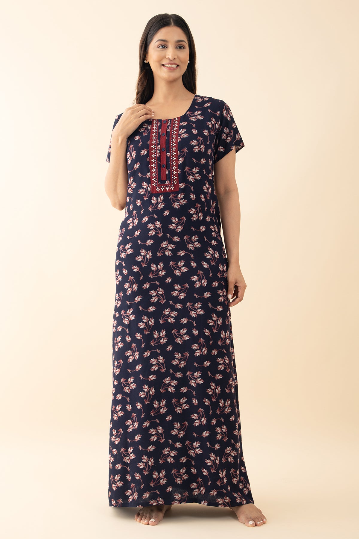 Floral Printed Nighty - Navy Blue