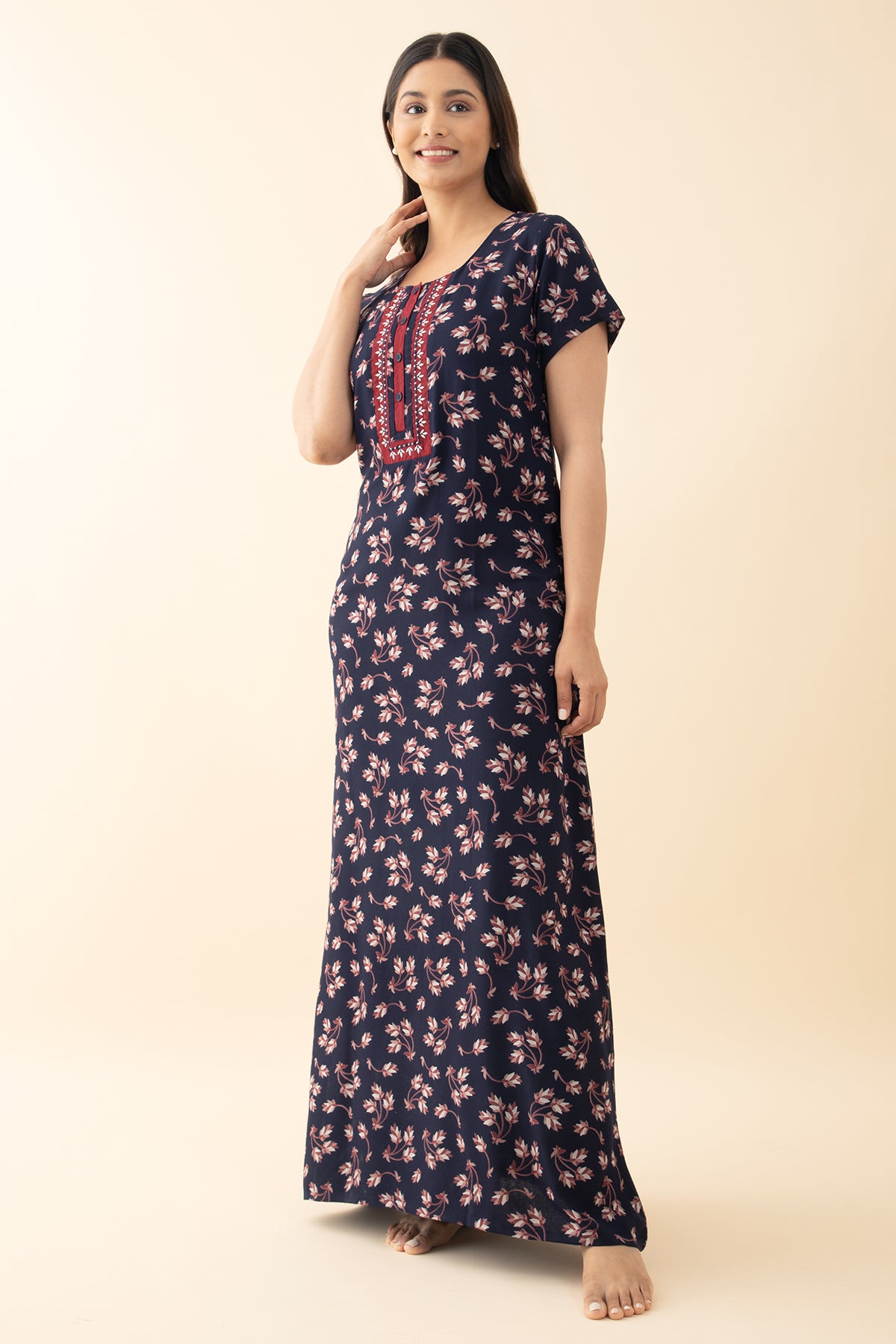 Floral Printed Nighty - Navy Blue