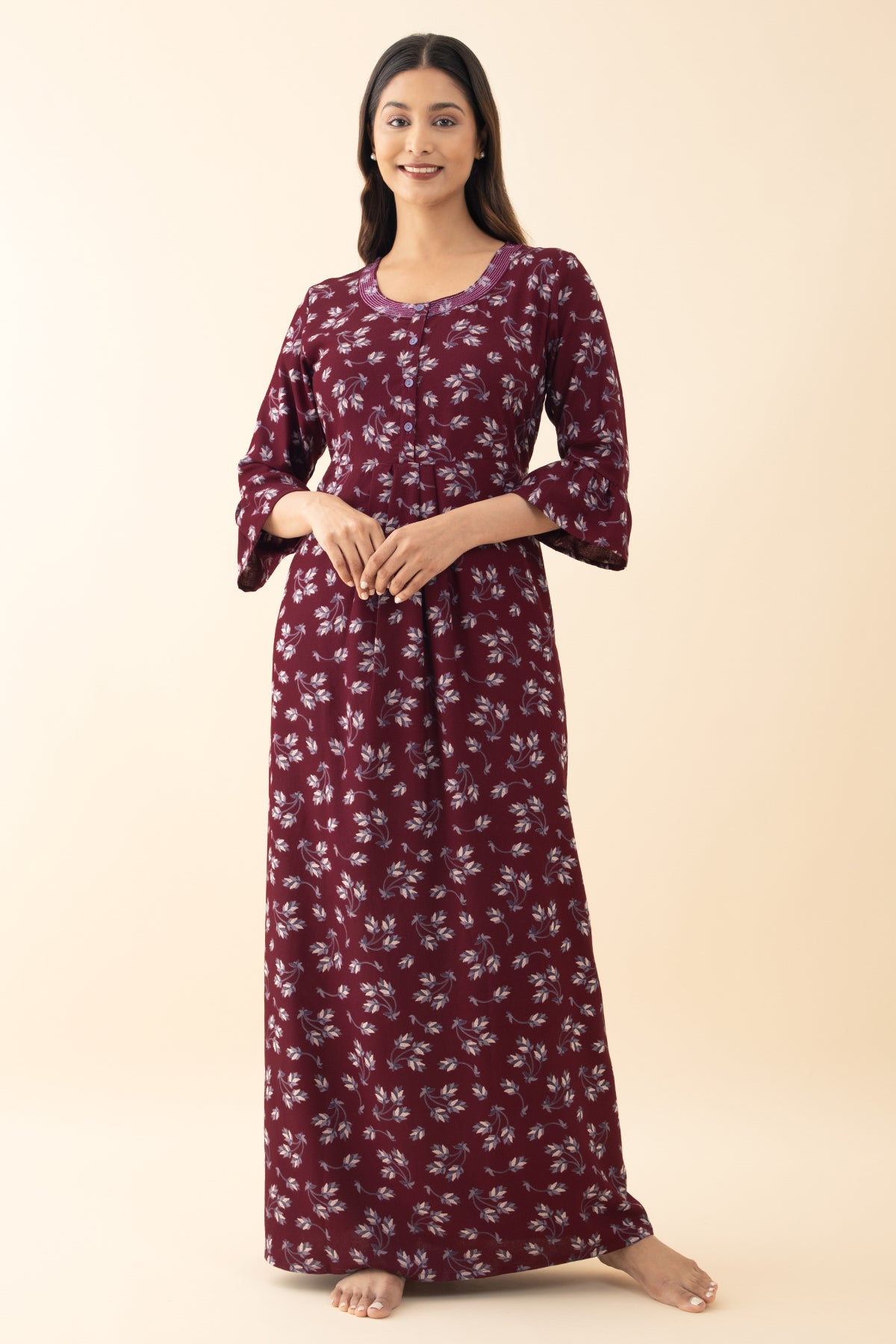 Floral Printed Nighty with Back Tie-up - Maroon